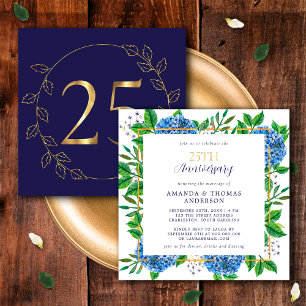 Invitación Oro y Hydrangea Azul 25º Aniversario Boda