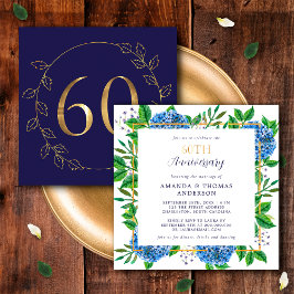 Invitación Oro y Hydrangea Azul 60 Aniversario Boda