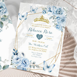 Invitación Oro y la flor azul turquesa Corona Quinceañera