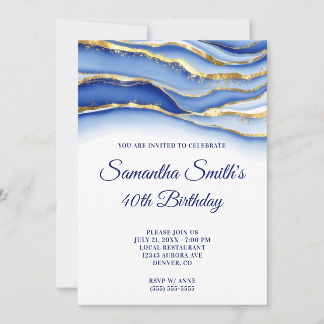 Invitación Oro y marea azul marina Geode 40 cumpleaños (Anverso)