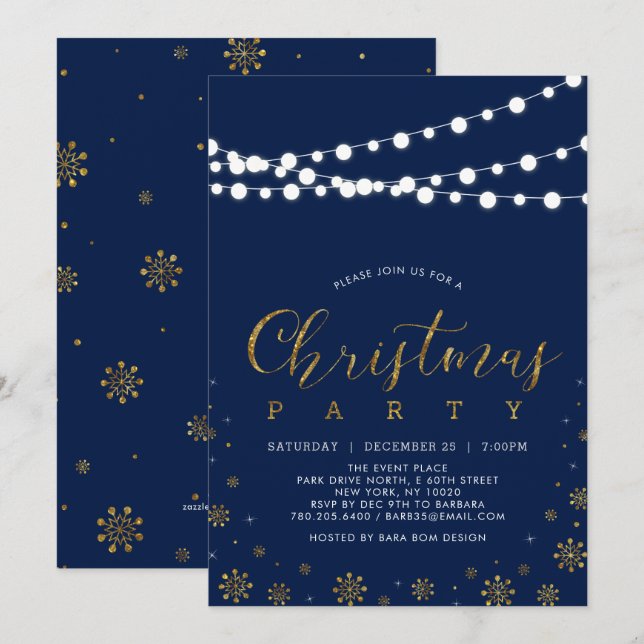 Invitación Oro y marina | Fiesta de Navidades modernos de cop (Anverso / Reverso)
