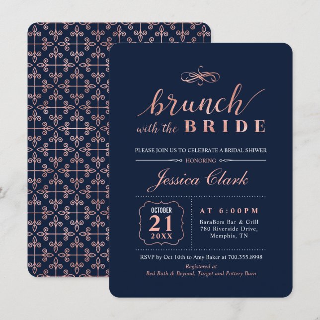 Invitación Oro y marina Rosa | Brunch nupcial elegante (Anverso / Reverso)