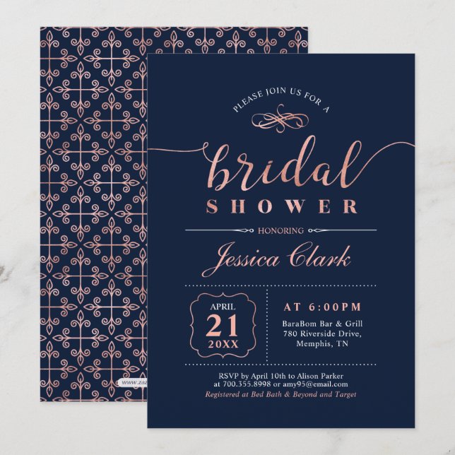 Invitación Oro y marina Rosa | Ducha nupcial elegante (Anverso / Reverso)