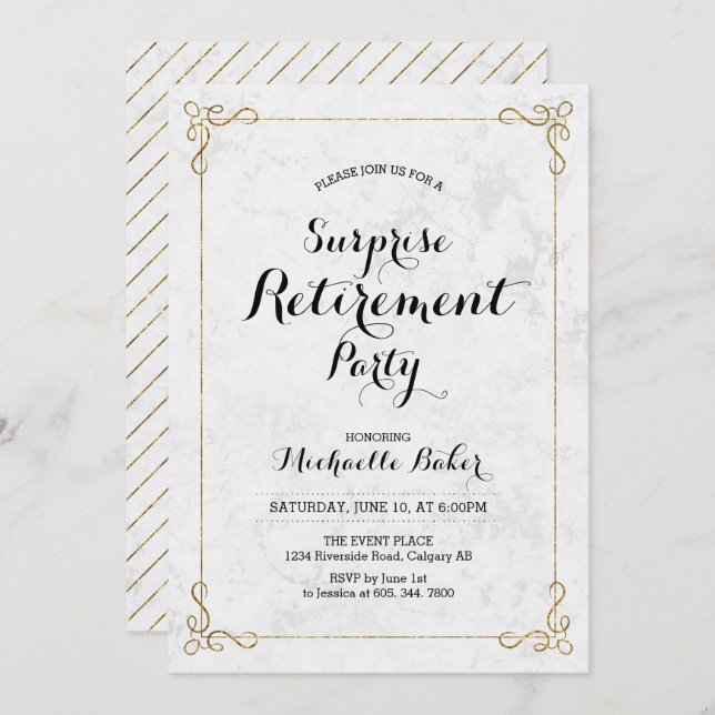 Invitación Oro y mármol | Elegante Fiesta de Jubilación Sorpr (Anverso / Reverso)