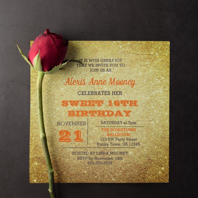 Invitación Oro y Naranja Topaz Purpurina Dulce 16 (Subido por el creador)
