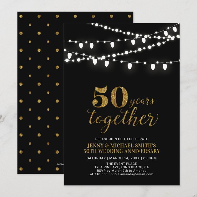Invitación Oro y negro | 50º Aniversario Boda de la época mod (Anverso / Reverso)