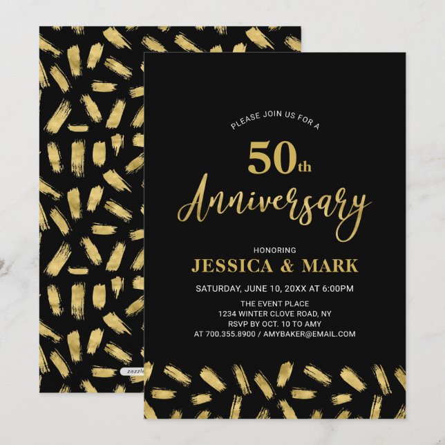 Invitación Oro y negro | 50º Aniversario Boda de la época mod (Anverso / Reverso)