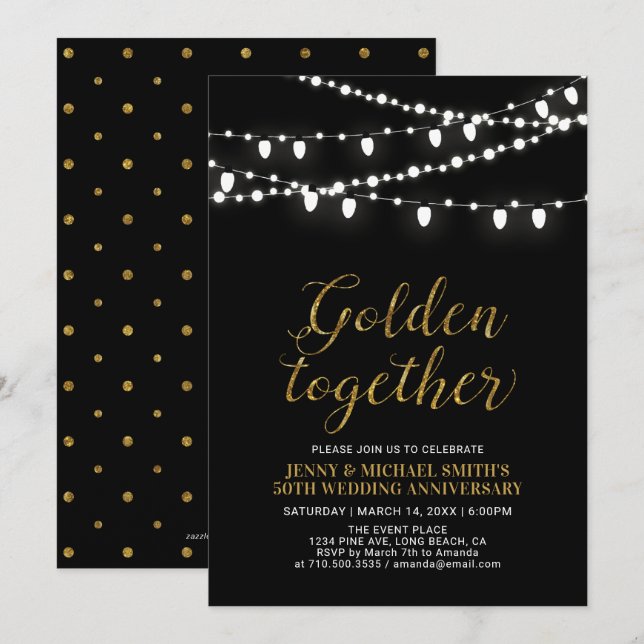 Invitación Oro y negro | 50º Aniversario Boda de la época mod (Anverso / Reverso)