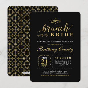 Invitación Oro y Negro   Brunch Nupcial de Boda Elegante