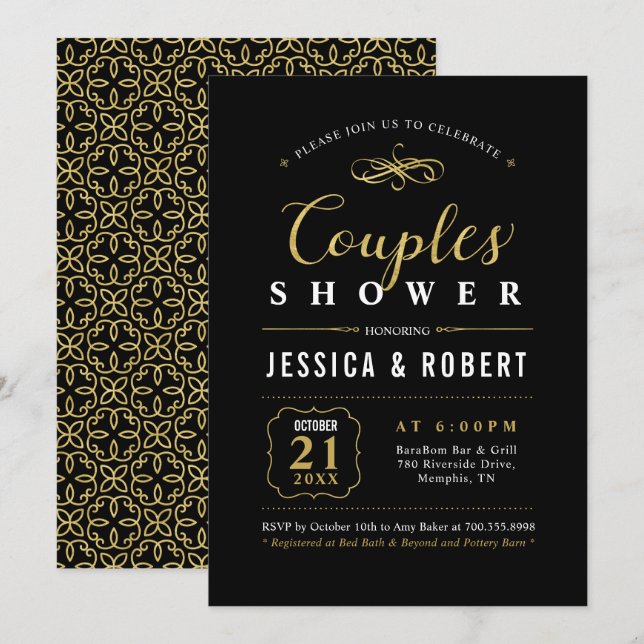 Invitación Oro y negro | Ducha nupcial elegante (Anverso / Reverso)