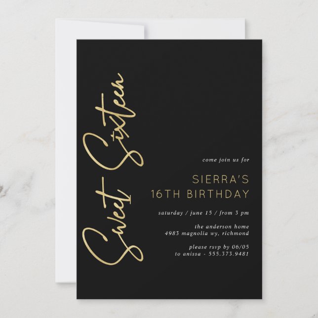 Invitación Oro y negro | Dulce sucio moderno 16 cumpleaños (Anverso)