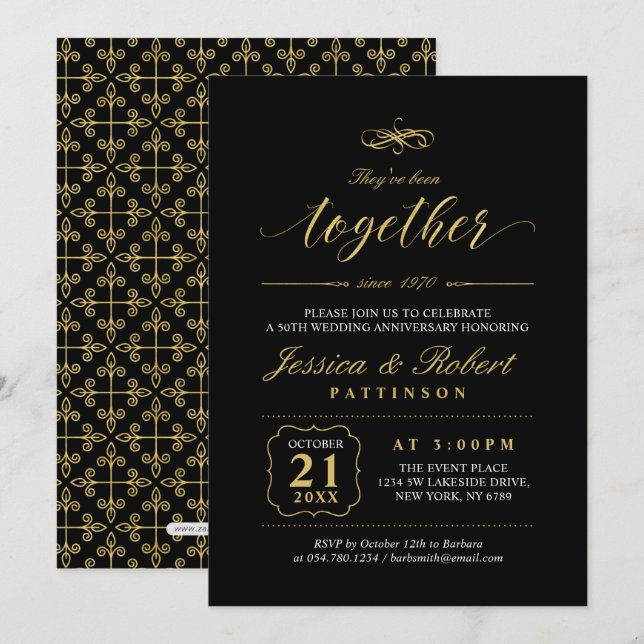 Invitación Oro y negro | Elegante 50° aniversario Boda (Anverso / Reverso)