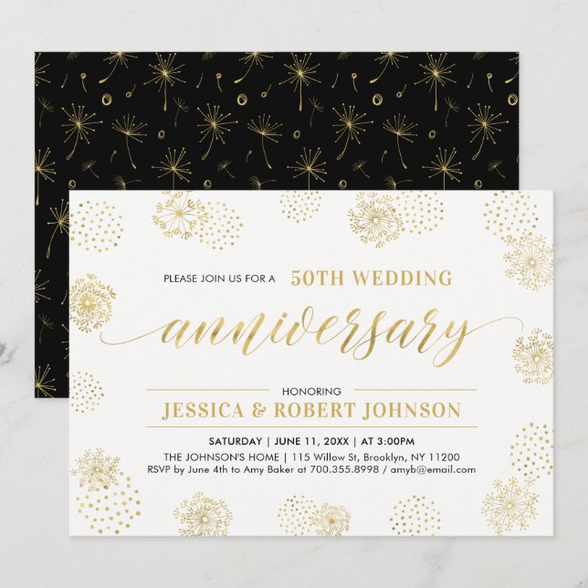 Invitación Oro y negro | Elegante 50° aniversario Boda (Anverso / Reverso)