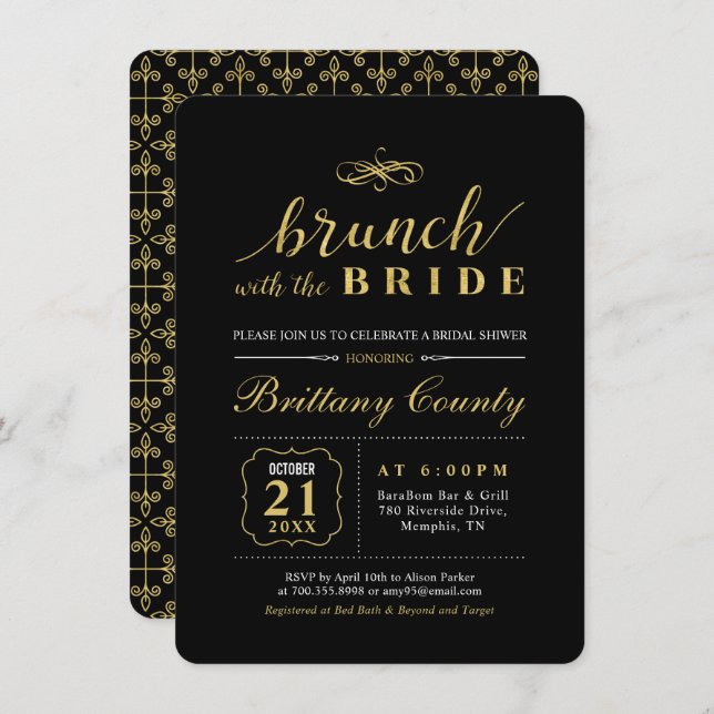 Invitación Oro y negro | Elegante Brunch nupcial (Anverso / Reverso)