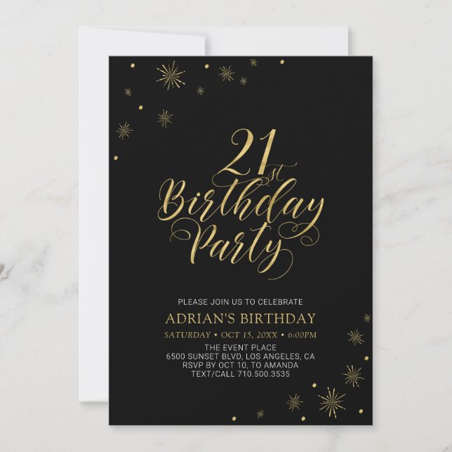 Invitación Oro y Negro | Fiesta de Cumpleaños 21 Moderno y Ch (Anverso)