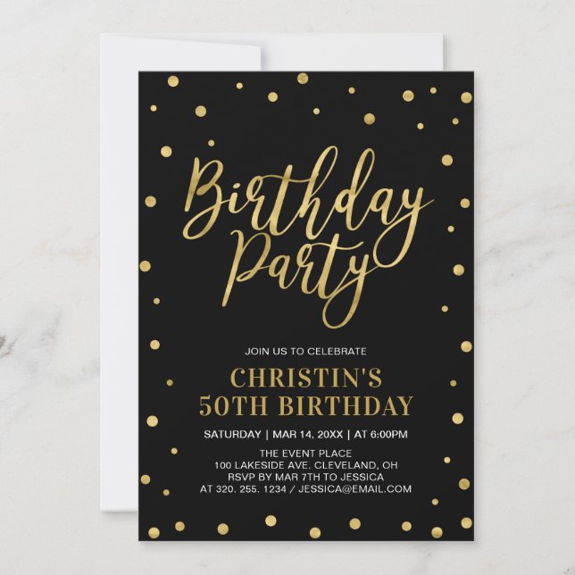 Invitación Oro y Negro | Fiesta de cumpleaños moderna para ad (Anverso)