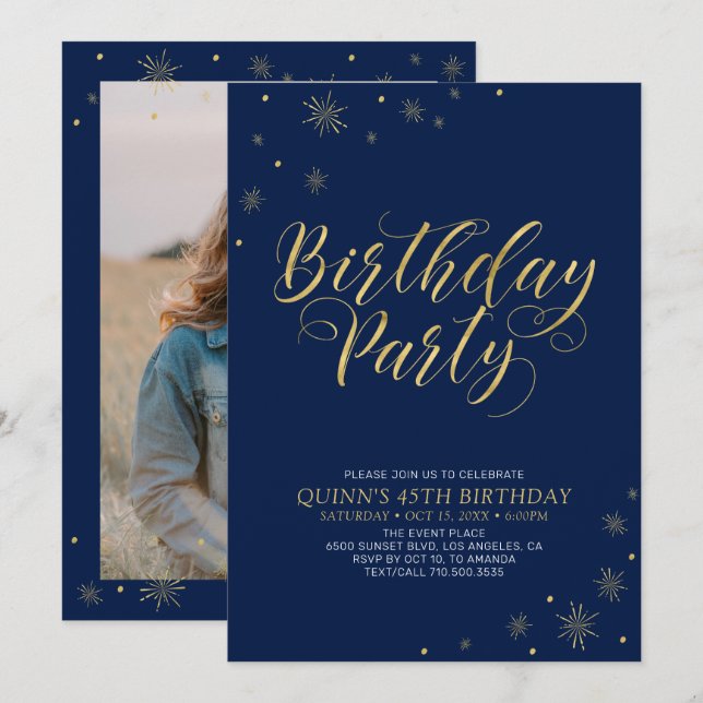 Invitación Oro y Negro | Fiesta de Cumpleaños Moderno y Chic  (Anverso / Reverso)