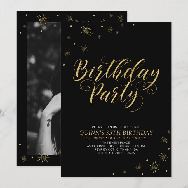 Invitación Oro y Negro | Fiesta de Cumpleaños número 35 con E (Anverso / Reverso)