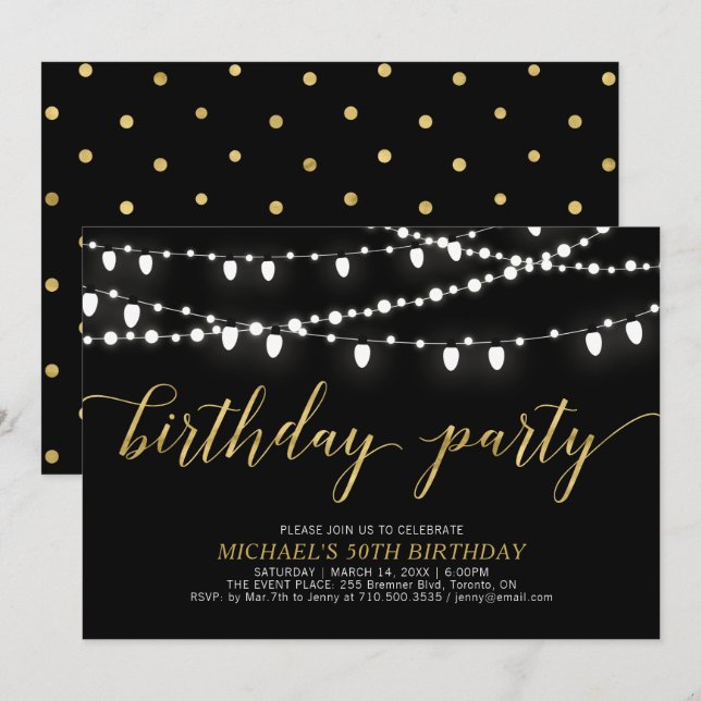 Invitación Oro y Negro | Fiesta de cumpleaños número 50 para  (Anverso / Reverso)