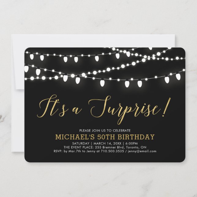 Invitación Oro y Negro | Fiesta de Cumpleaños Sorpresa 50 (Anverso)