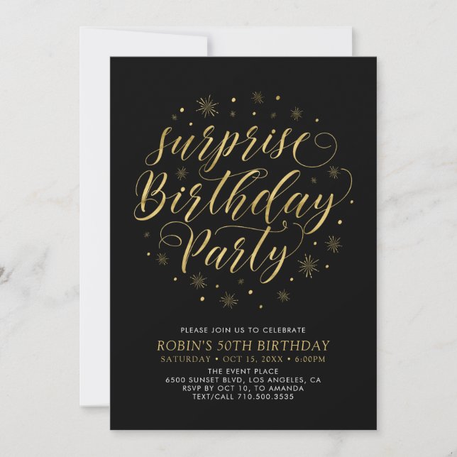Invitación Oro y Negro | Fiesta de Cumpleaños Sorpresa con Es (Anverso)