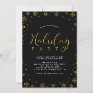 Invitación Oro y negro Fiesta Navideña de Copos de Nieve Mo