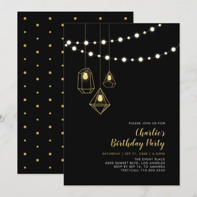 Invitación Oro y Negro | Luces de Cadenas Modernas Fiesta de  (Anverso / Reverso)