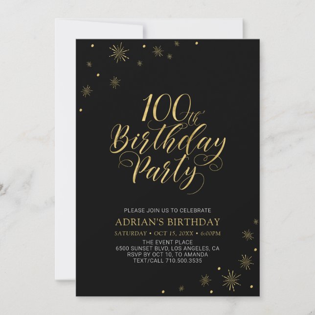 Invitación Oro y negro | Moda moderna 100ª fiesta de cumpleañ (Anverso)