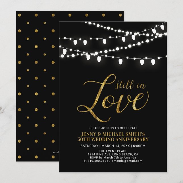 Invitación Oro y Negro | Moderno 50 Aniversario de Boda (Anverso / Reverso)