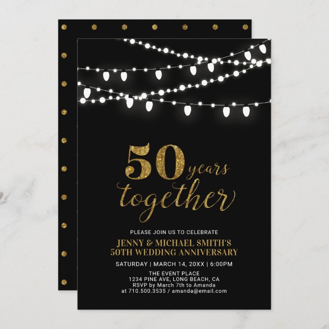 Invitación Oro y Negro | Moderno 50 Aniversario de Boda (Anverso / Reverso)