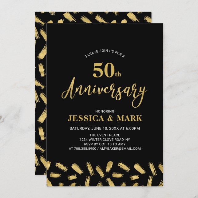 Invitación Oro y negro | Moderno 50 aniversario de bodas (Anverso / Reverso)