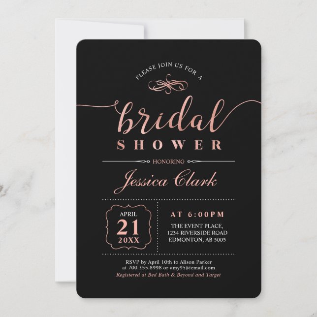 Invitación Oro y negro Rosa | Ducha nupcial elegante (Anverso)