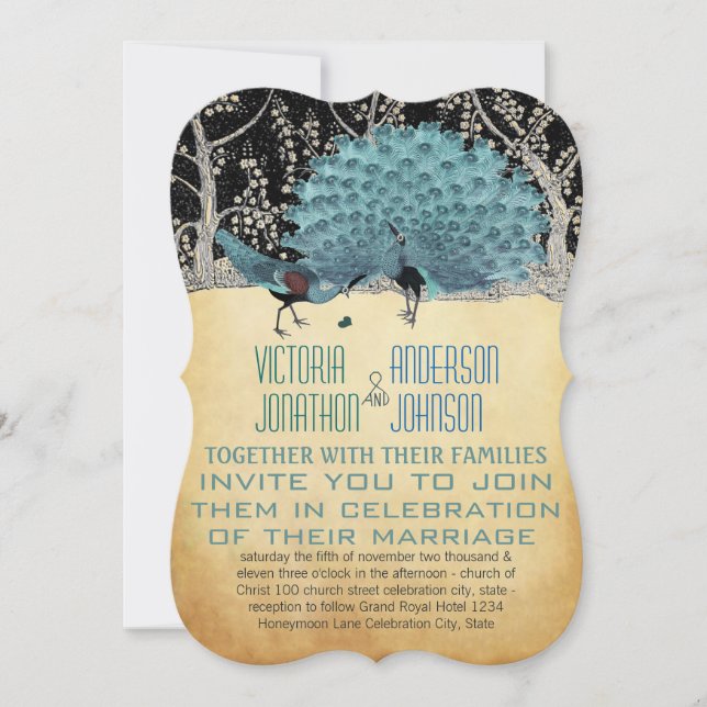 Invitación Oro y pavos reales negros en el bosque (Anverso)