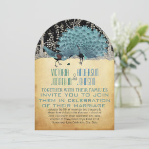 Invitación Oro y pavos reales negros en el bosque