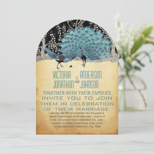 Invitación Oro y pavos reales negros en el bosque (Anverso de pie)