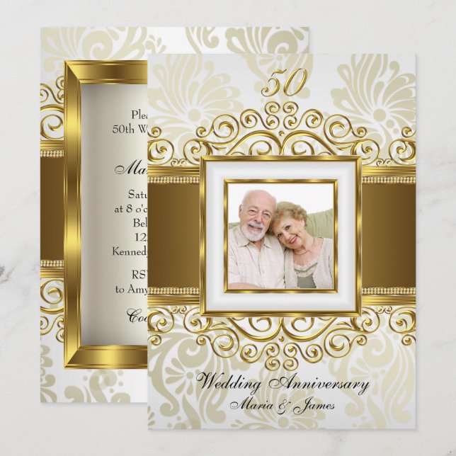 Invitación Oro y Pearl Swirl Damask Foto 50 Aniversario (Anverso / Reverso)