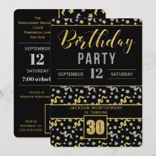 Invitación Oro y plata en el Confetti de cumpleaños 30 negro