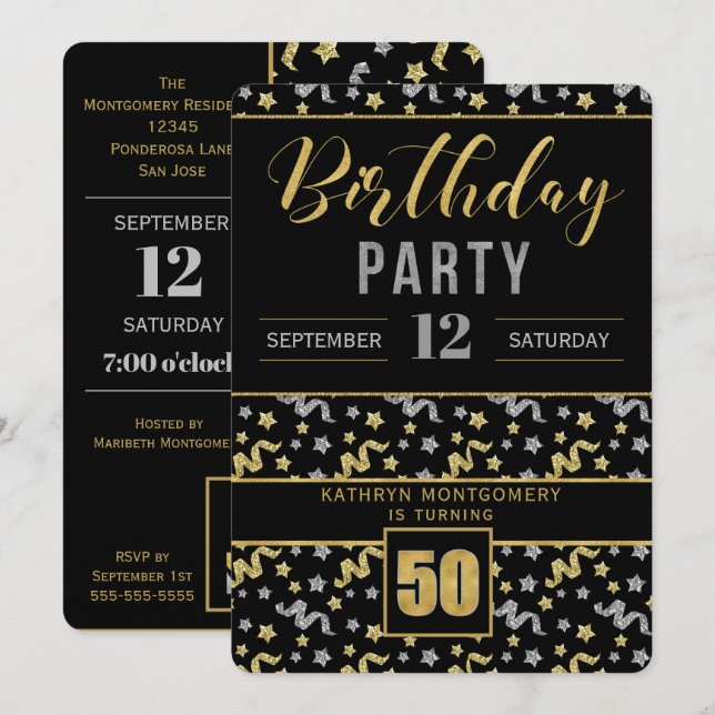 Invitación Oro y plata en el Confetti de cumpleaños 50 negro (Anverso / Reverso)