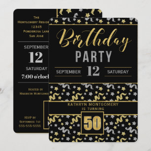 Invitación Oro y plata en el Confetti de cumpleaños 50 negro