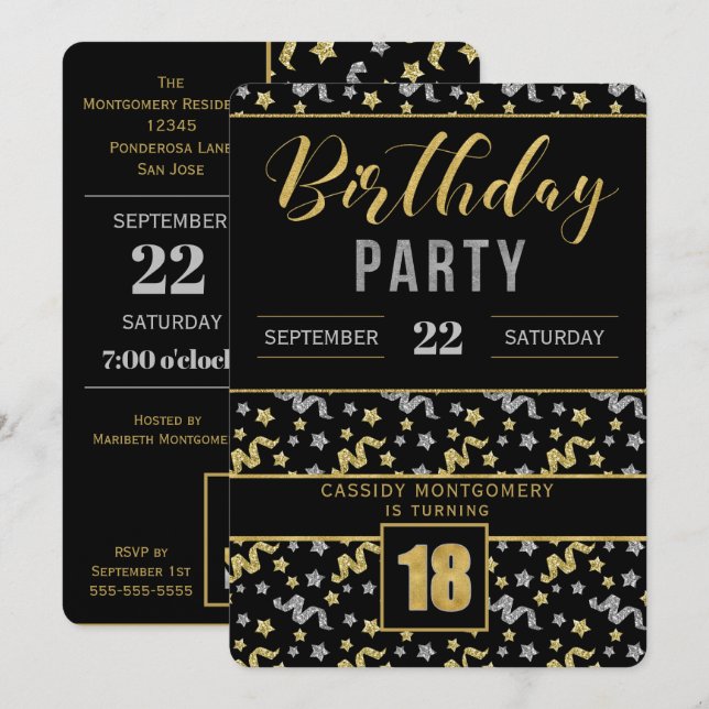 Invitación Oro y plata en el Confetti Nacido 18 negro (Anverso / Reverso)