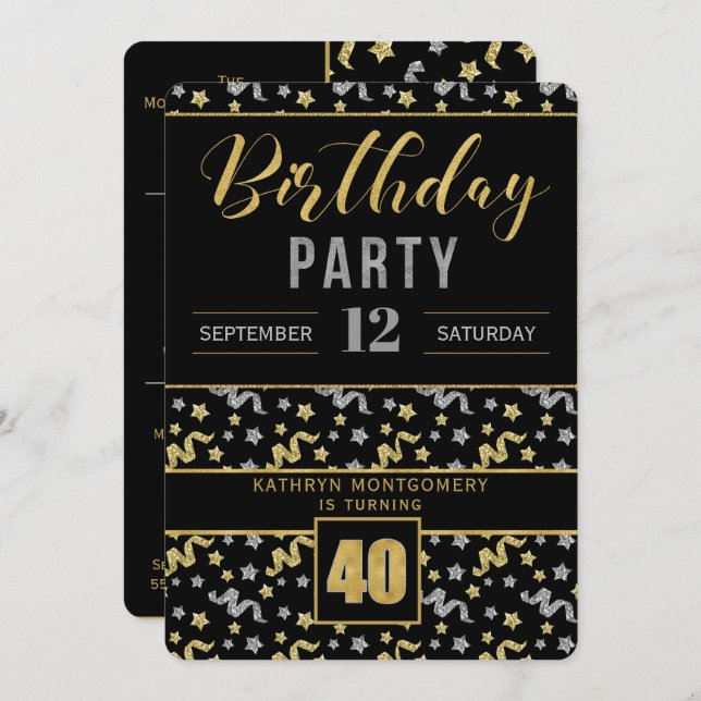Invitación Oro y plata en negro 40 cumpleaños Confetti (Anverso / Reverso)