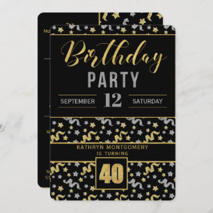 Invitación Oro y plata en negro 40 cumpleaños Confetti