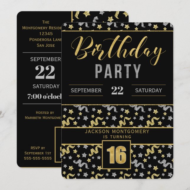 Invitación Oro y plata en negro Confetti de cumpleaños 16 (Anverso / Reverso)