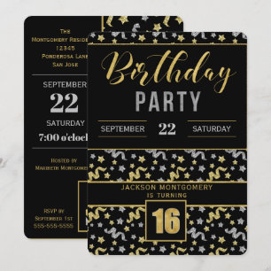 Invitación Oro y plata en negro Confetti de cumpleaños 16