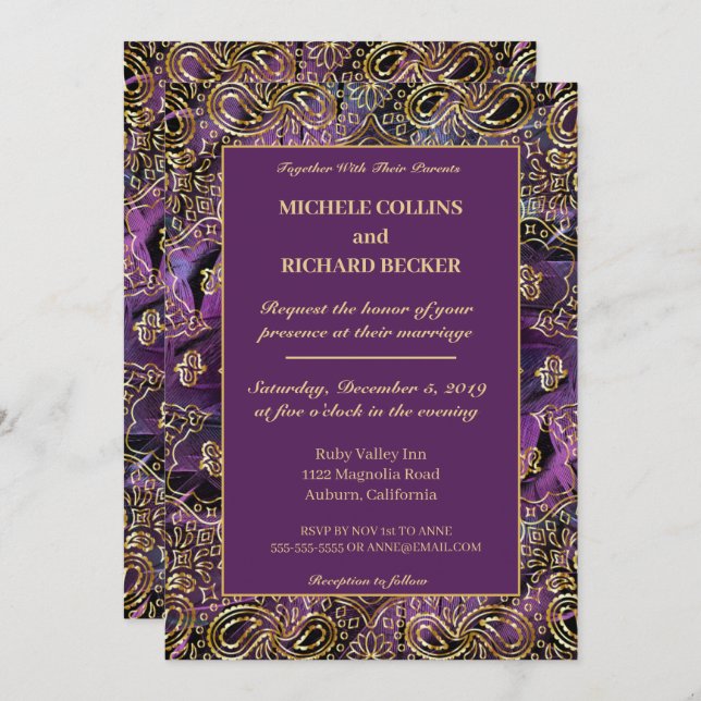 Invitación Oro y plumas elegantes (Anverso / Reverso)