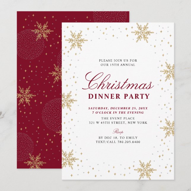 Invitación Oro y Rojo | Cena de Navidad Moderna y Chic (Anverso / Reverso)