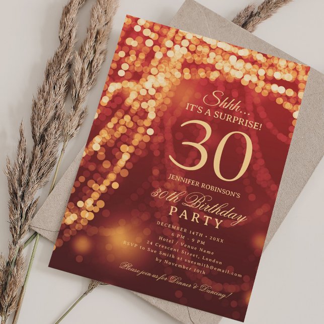 Invitación Oro y Rojo | Fiesta de Cumpleaños Sorpresa 30  (Gold & Red | Surprise 30th Birthday Party Invitation)