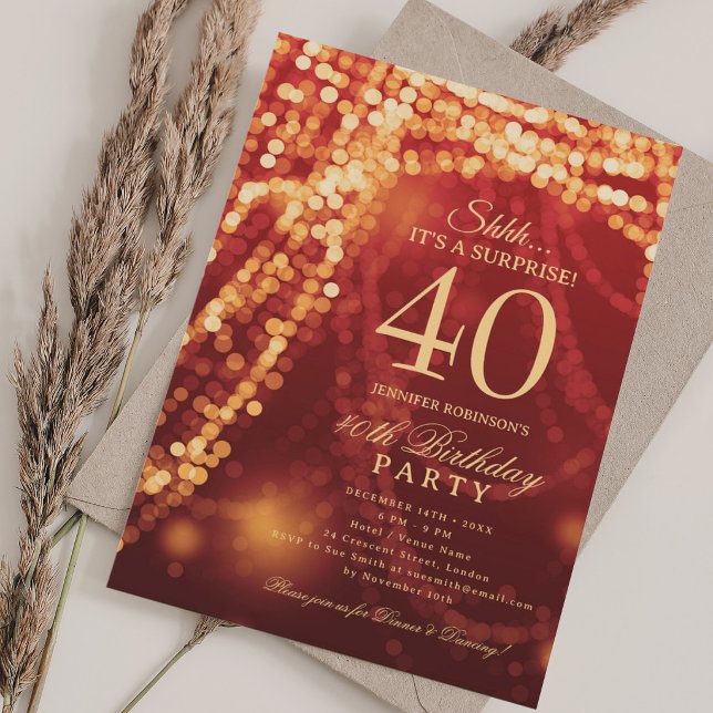 Invitación Oro y Rojo | Fiesta de Cumpleaños Sorpresa 40  (Gold & Red | Surprise 40th Birthday Party Invitation)