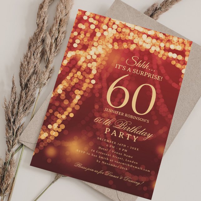 Invitación Oro y Rojo | Fiesta de Cumpleaños Sorpresa 60  (Gold & Red | Surprise 60th Birthday Party Invitation)