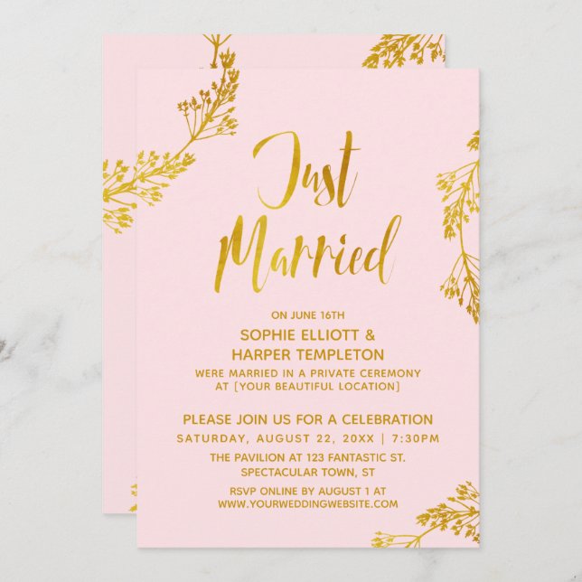 Invitación Oro y Rosa Acaban de Casar Fiesta Post Boda (Anverso / Reverso)